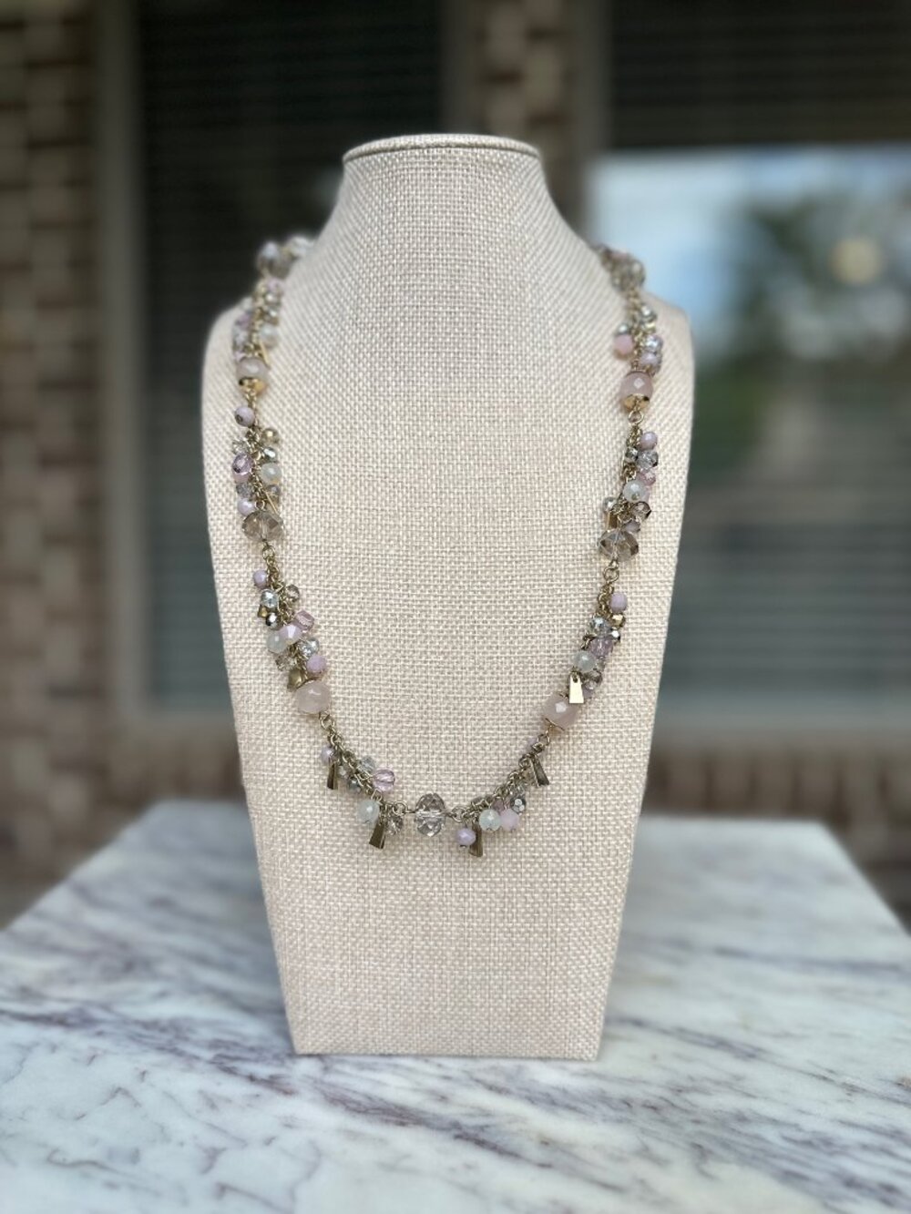 Talbots Beaded Bauble Sparkle Charm Long Necklace in Pink and Gray Adjustable